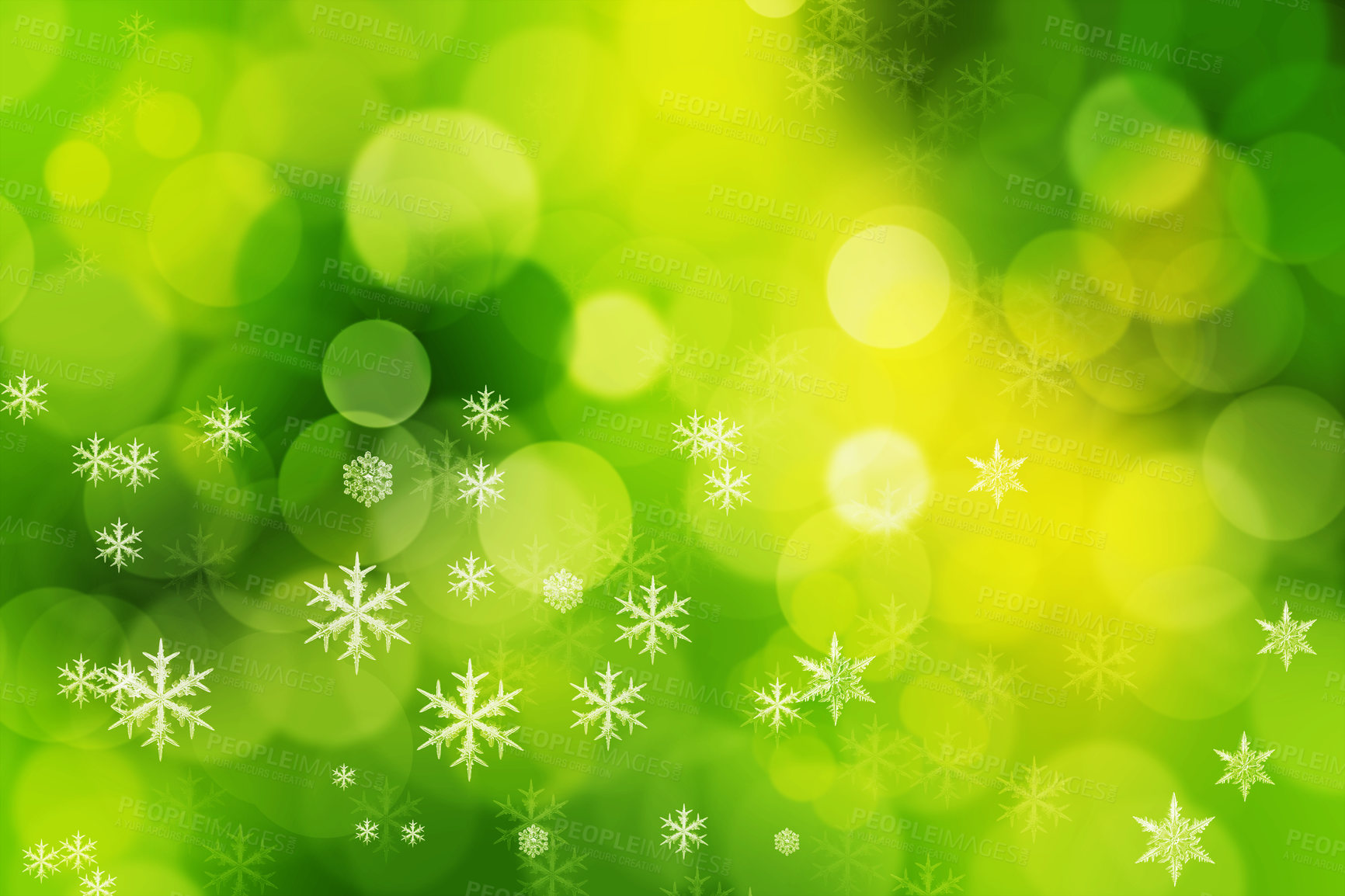Buy stock photo Abstract, graphic and green bokeh with snowflake, Christmas theme, decor and creativity with color. Wallpaper, effects and sparkle or shine with pattern, stars and creative design with shape