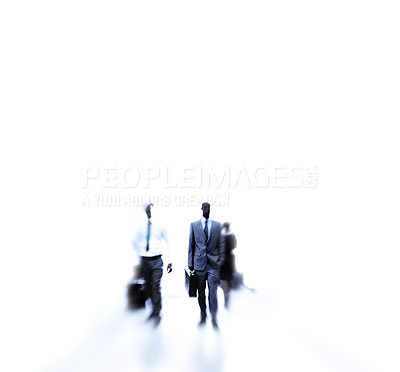 Buy stock photo Business people, blur or rush in work, commute or morning, travel or walk to corporate office job. Professional, workers or moving in hurry as busy, career or employment as mockup on white background