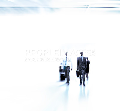 Buy stock photo People, blur or rush in work, commute or travel as business, morning or walk to office job mockup. Corporate, businesspeople or workers as busy, career or workforce on abstract white background