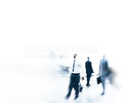 Buy stock photo Workers, morning or commute in rush hour, travel or walk to corporate, office or job on mockup. People, business or hurry as busy, professional or workforce in blur on abstract white background