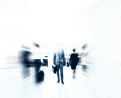 Buy stock photo Crowd, time or speed as blur, commute or hurry to corporate, business or office job on mockup. Businessman, worker or busy as professional, workforce or employment on abstract white background