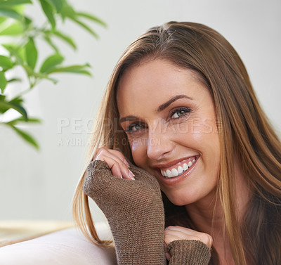 Buy stock photo Portrait, home and relax with woman, peace and happiness with weekend break and resting in a living room. Face, apartment and girl with cheerful person and joyful with confidence, calm and comfort