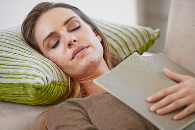Buy stock photo Woman, book and sofa sleeping in home for weekend nap in living room for wellness, holiday vacation or calm. Female person, magazine and comfortable or tired in apartment for casual, peace or resting