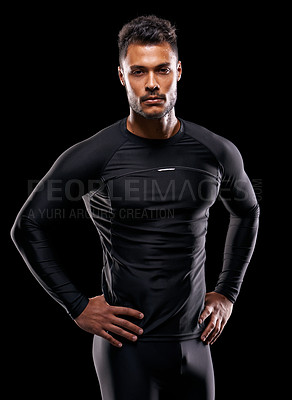 Buy stock photo Portrait, fitness and man with exercise, workout and confident guy on a dark studio background. Face, male athlete or model with wellness, balance and training with goals, target or healthy lifestyle