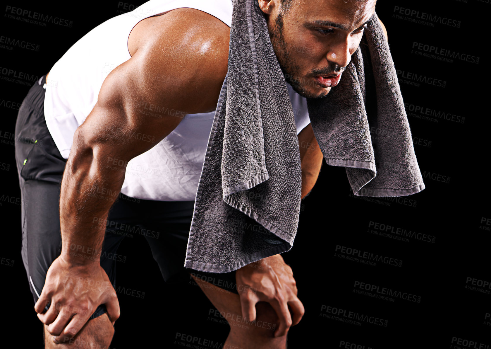 Buy stock photo Fitness, relax and man in studio with towel, sweat and exhausted commitment to muscle workout. Air, rest and tired athlete on black background for exercise, breathing and fatigue in morning training.