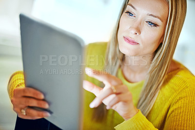 Buy stock photo Woman, tablet or search of social network, digital or website of blockchain, web 3.0 or software. Girl, computer or surfing of app, media or blog to sign up, esports or newsletter for ebook download
