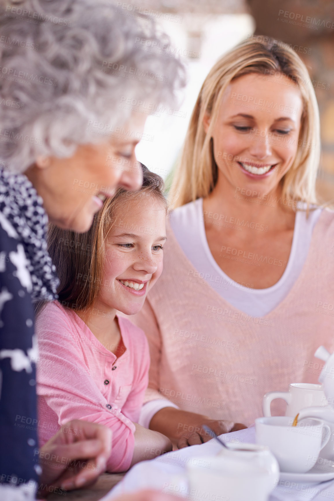 Buy stock photo Women, girl and happy grandmother with tea for fun, generations in park together for bonding with love. Family time, mother and grandma and smile for summer garden picnic, cup or teapot for beverage