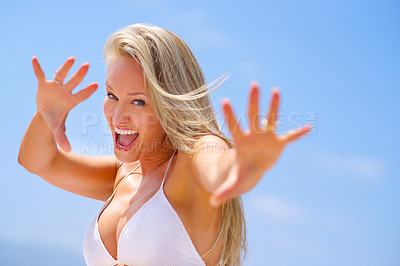 Buy stock photo Woman, excited in portrait and bikini at beach for travel, happy outdoor with summer vacation and trip in Australia. Nature, fresh air and hand gesture for adventure on tropical island with swimsuit