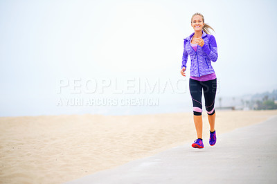 Buy stock photo Portrait, space or happy woman at beach running for exercise, training or fitness workout at sea. Sports person, runner and healthy female athlete on road for cardio endurance, wellness and mockup