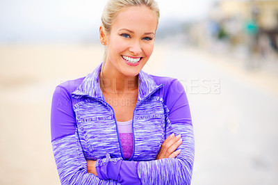Buy stock photo Sea, portrait or woman with arms crossed for fitness training, exercise or workout in promenade. Confident, happy or sports athlete with smile ready to start practice at beach for wellness or running