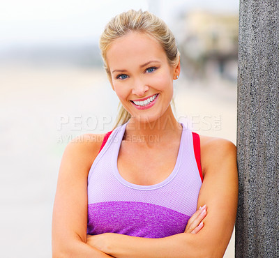 Buy stock photo Outdoor, portrait or woman with arms crossed for fitness training, exercise or workout in Athens, Greece. Confident lady, happy or sports athlete with smile ready for practice for wellness or running