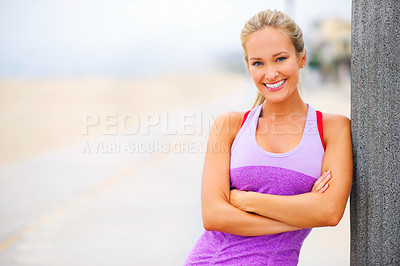 Buy stock photo Outdoor, portrait or woman with arms crossed for running training, exercise mockup or workout in Greece. Confident lady, happy or sports athlete with smile ready for practice for wellness or fitness