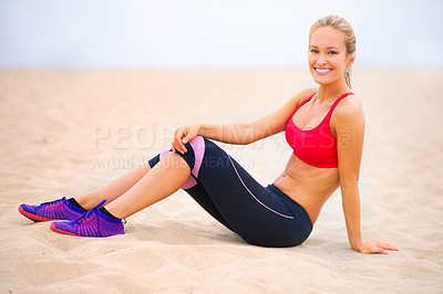 Buy stock photo Fitness, happy and portrait of woman on beach for exercise, training and workout in nature. Yoga, sports and person on sand for warm up, rest and relax for wellness, health and performance by ocean
