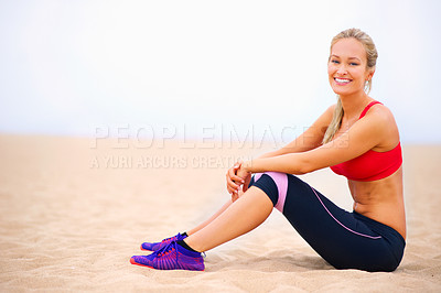 Buy stock photo Fitness, smile and portrait of woman on beach for exercise, training and workout in nature. Yoga, sports and person on sand for warm up, rest and relax for wellness, health and performance by ocean