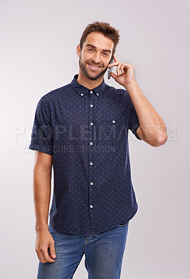 Buy stock photo Networking, man and portrait of phone call with communication in studio, background and mockup. Happy, businessman and contact on smartphone with news, feedback of information or announcement in chat