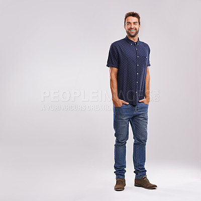 Buy stock photo Creative, businessman and portrait of fashion in studio, background and mockup with confidence. Happy, man and relax in jeans with pride or casual style in business as art director or entrepreneur