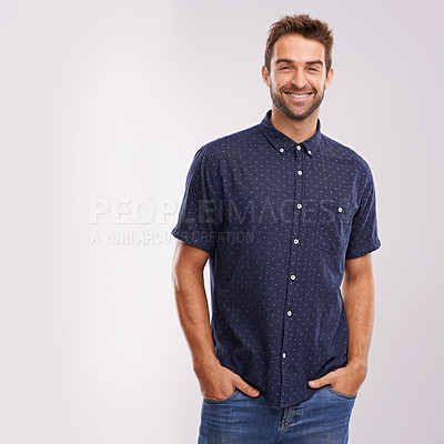 Buy stock photo Creative, fashion and portrait of businessman in studio, background and mockup with confidence. Happy, man and relax in jeans with pride or casual person in business as art director or entrepreneur