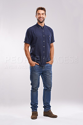 Buy stock photo Casual, fashion and portrait of businessman in studio, background and mockup with confidence. Happy, man and relax in jeans with pride or creative person in business as art director or entrepreneur