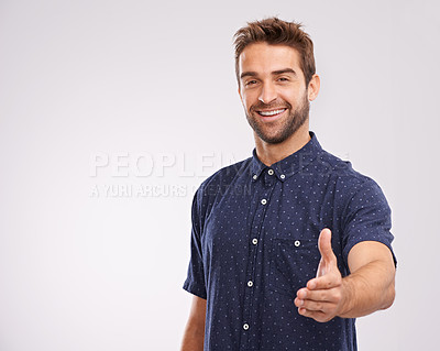 Buy stock photo Studio, portrait and welcome handshake from man in background or introduction in mockup space. Hand, gesture or happy networking for business with confidence and hr person say hello or thank you