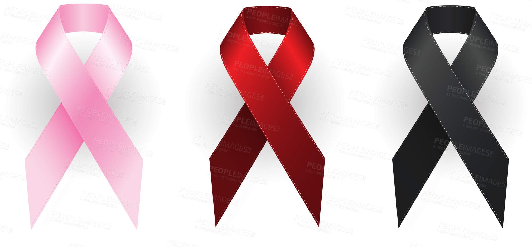 Buy stock photo Ribbon, awareness and bow in studio for support, breast cancer and HIV healthcare icon or sign. Symbol, chest decoration and campaign for solidarity, recognition and mourning on white background