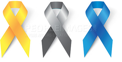 Buy stock photo Ribbon, awareness and bow in studio for support, suicide prevention and healthcare icon or child abuse sign. Symbol, chest decoration and campaign for solidarity and recognition on white background