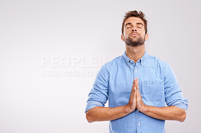 Buy stock photo Man, praying and worship with religion for God, seek help and advice for guidance with hands together on white background. Spiritual, faith and gratitude with thanks, praise and forgiveness with hope