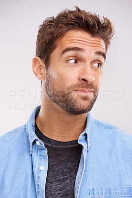 Buy stock photo Thinking, confused and man with ideas, choice and emotion on white studio background with solution and emoji. Person, model and guy with decision and question with why, reaction and unsure doubt