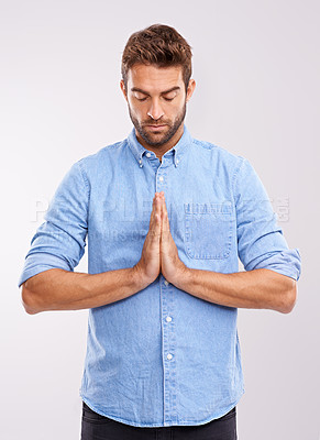 Buy stock photo Man, praying and worship with faith in God, seek help and advice for guidance with hands together on white background. Spiritual, religion and gratitude with thanks, prayer and forgiveness with hope