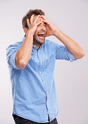 Buy stock photo Stress, screaming or man with hands on face in studio for mental health, crisis or mistake on white background. Anxiety, overthinking or male model with bad reaction to news, disaster or broken heart