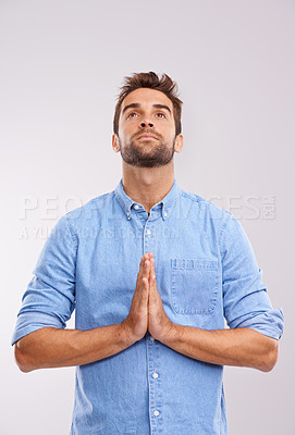 Buy stock photo Man, praying and worship with praise for God, seek help and advice for guidance with hands together on white background. Spiritual, faith and gratitude with thanks, religion and forgiveness with hope