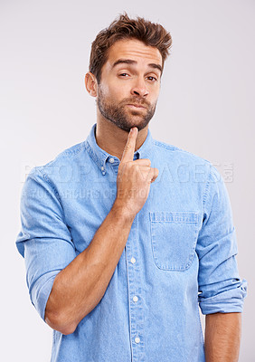 Buy stock photo Thinking, portrait and man in studio with why, questions or brainstorming solution on white background. Idea, face and curious male model with problem solving memory, remember or reflection gesture