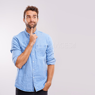 Buy stock photo Thinking, planning and man in studio with why, questions or brainstorming solution on white background. Idea, doubt and curious male model with problem solving memory, remember or reflection gesture