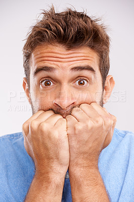 Buy stock photo Bite nails, portait and man with stress, anxiety and worried person isolated on a white studio background. Face, male model or guy with mental health issue, problem and doubt with bad habit