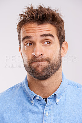 Buy stock photo Studio, thinking and bored man with doubt, frustrated and confused on white background. Opinion, disappointment and face of person with decision, conflict or uncertainty for choice, news or ideas