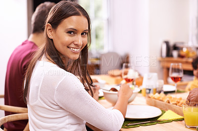 Buy stock photo Smile, dinner and portrait of woman at table with family, food and drinks for celebration in home. Social event, wine and people at thanksgiving lunch together with happy eating, relax and holiday