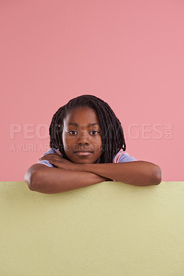 Buy stock photo Teenager, portrait and poster mockup in studio for advertising for fun education and cool learning. Face of african boy, child or student with space for information or opportunity on pink background