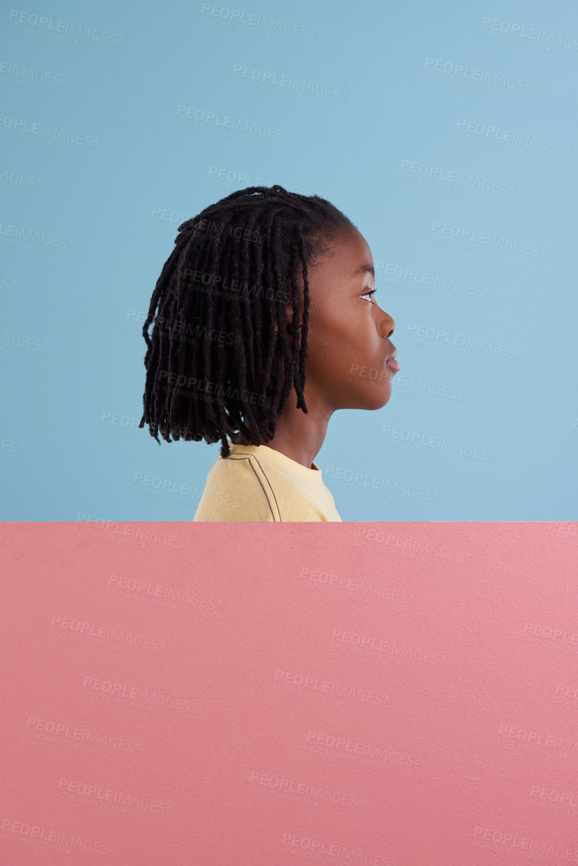 Buy stock photo Banner, mockup and African boy child thinking in studio with  questions, solution or why on blue background. Poster, space and profile of teen model with billboard for faq, problem solving or idea