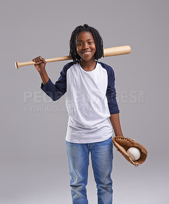 Buy stock photo Studio shot of a young boy with baseball gear