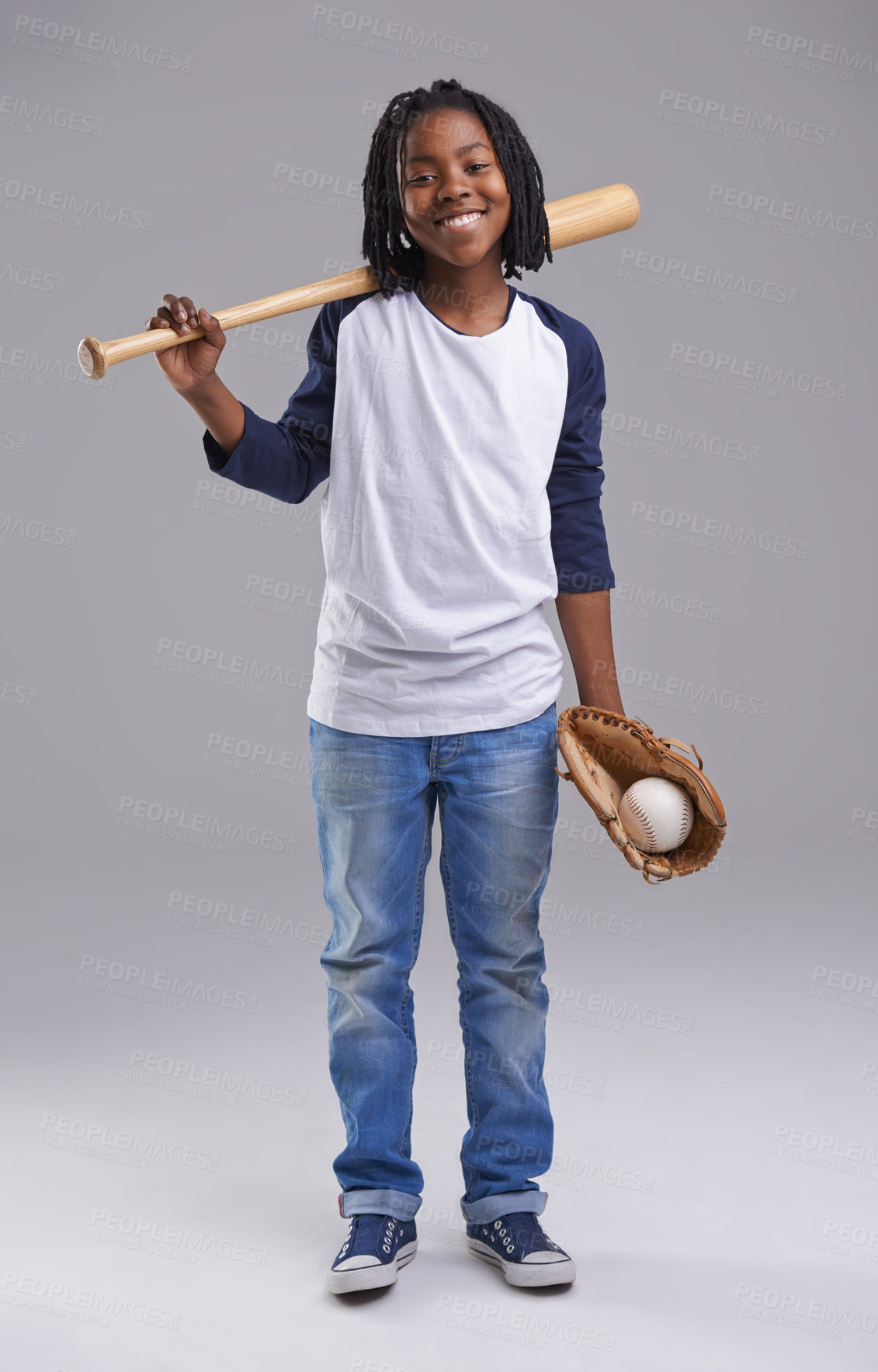 Buy stock photo Baseball, portrait and black child in a studio with smile, sport and fitness gear with game of kid. Youth, happy and African boy with modern, casual and hipster fashion with glove and grey background