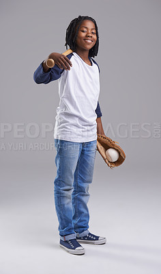 Buy stock photo Baseball, portrait and child in a studio with ball, sport and fitness gear with a smile of a kid. Youth, happy and African boy with modern, casual and hipster fashion with a workout glove and a teen