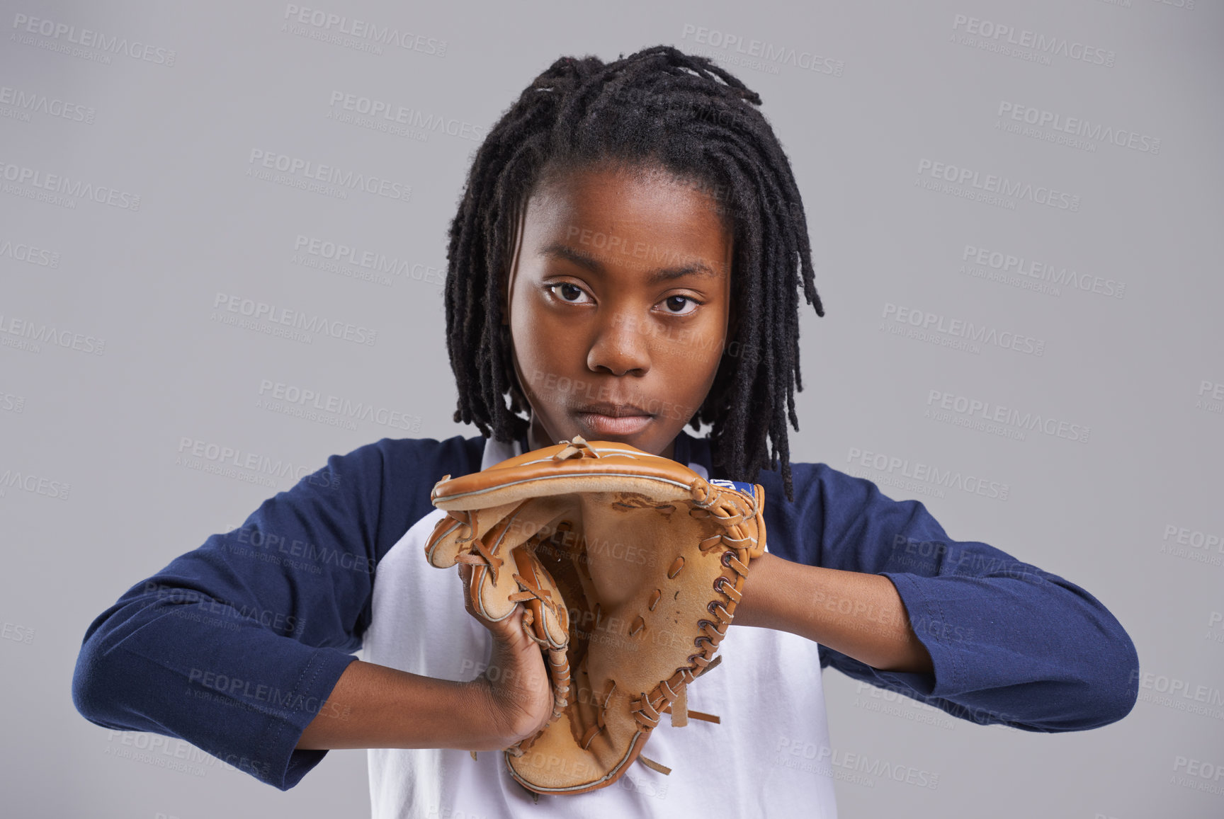 Buy stock photo Baseball, portrait and child glove in a studio with game, sport and fitness gear with catcher of a kid. Youth and serious African boy with modern, casual and hipster fashion with a teen workout