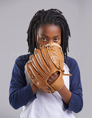 Buy stock photo Sports, baseball and portrait of boy with glove on gray background for training, practice and match. Fitness, youth and young child with equipment for exercise, playing games and pitch in studio