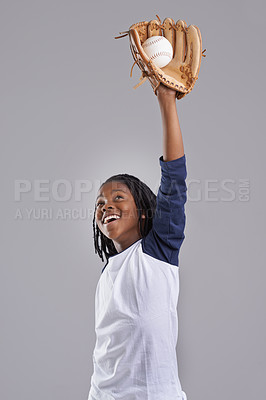 Buy stock photo Studio shot of a young boy with baseball gear