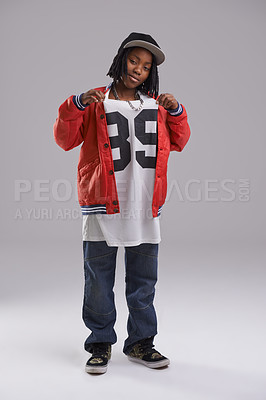 Buy stock photo Studio shot of a young boy dressed in hip hop attire