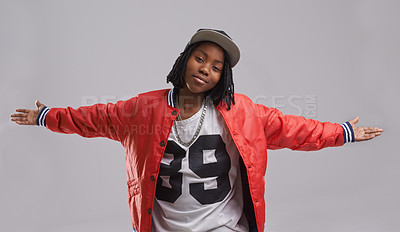 Buy stock photo Studio, portrait and African boy with hip hop clothes for aesthetic of culture in fashion for youth. Grey background, teenager and child with smile, cool and kid with trendy style of confidence