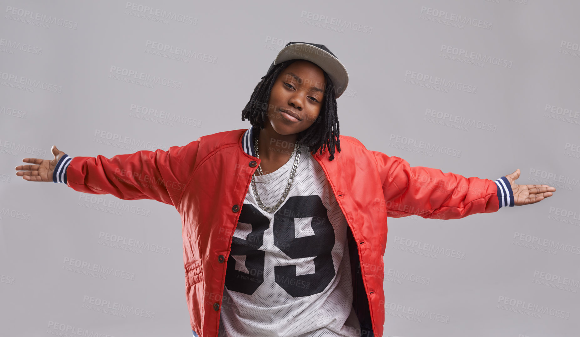 Buy stock photo Studio, portrait and African boy with hip hop clothes for aesthetic of culture in fashion for youth. Grey background, teenager and child with smile, cool and kid with trendy style of confidence