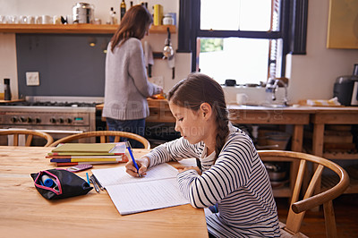 Buy stock photo Girl, child and homework with writing in kitchen for studying, development and notes for education in house. Kid, notebook and thinking with learning, language and ideas for assessment in family home