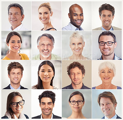 Buy stock photo A cropped shot of people from different countries smiling together in a multitude of portraits