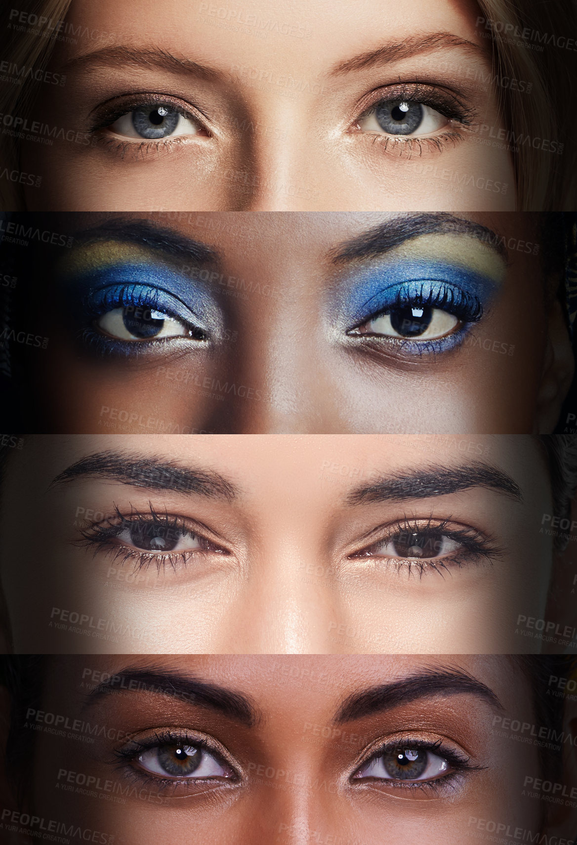 Buy stock photo Cropped view of four women's eyes from different countries