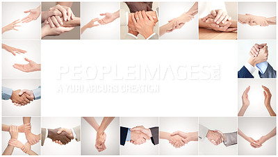 Buy stock photo A mosaic of different hand gestures between two people
